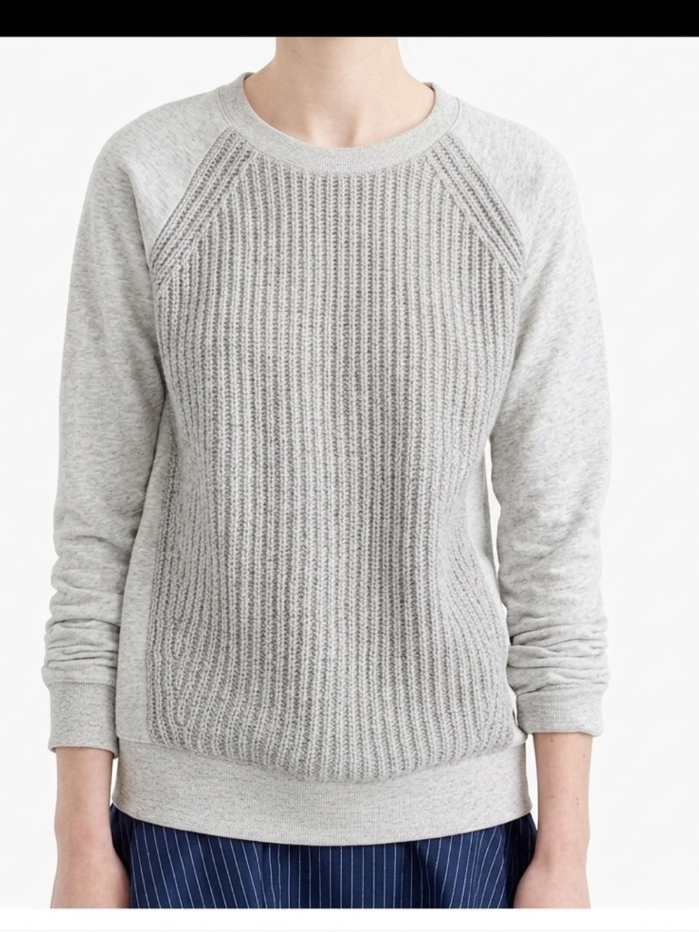 J.Crew Ribbed Wool Front Mixed Media Sweatshirt Pullover Gray Small